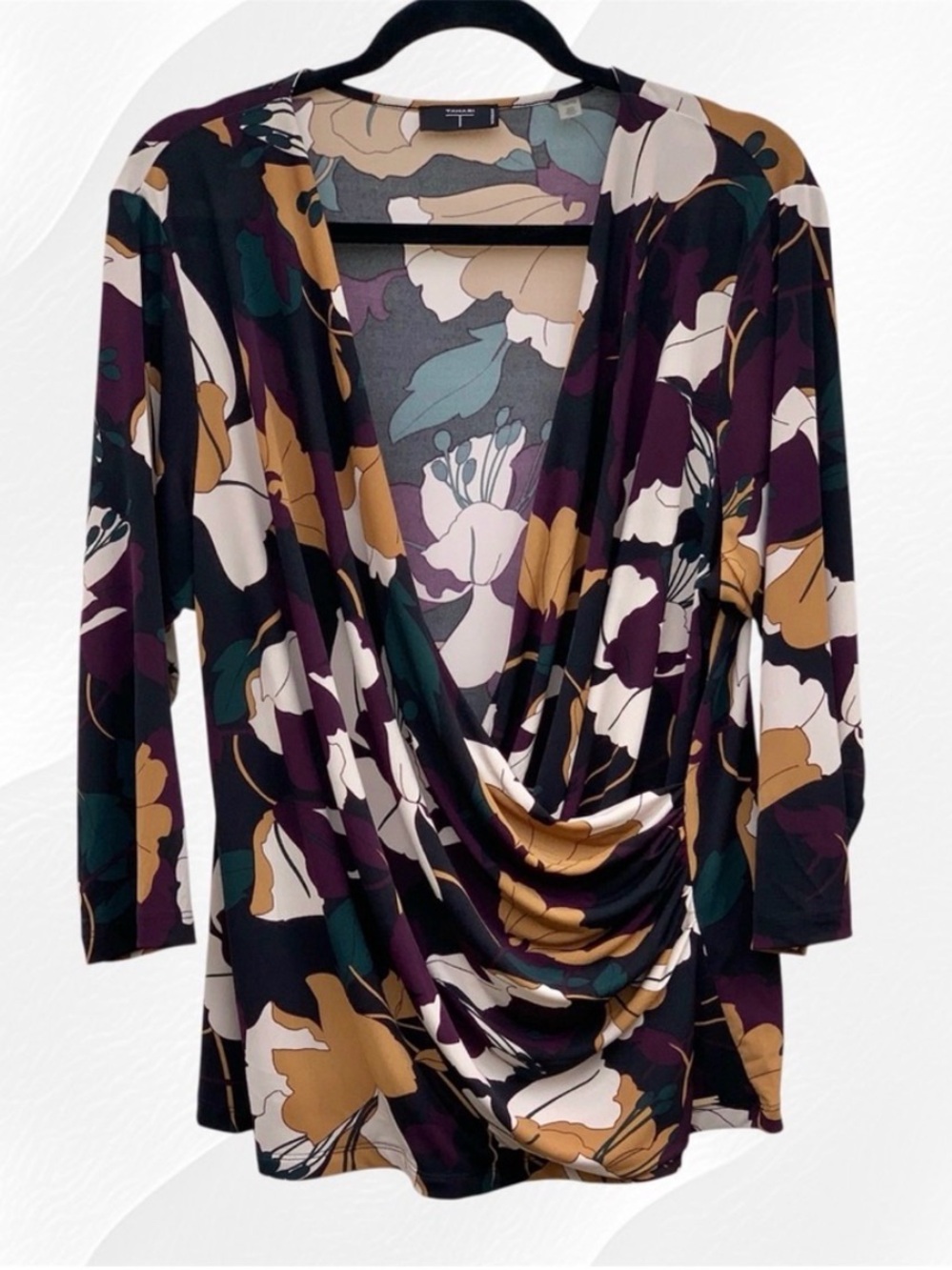 Tahari Woman Purple Multi-Color Floral Cowl Neck Faux Wrap 3/4 Sleeve Blouse, 1X